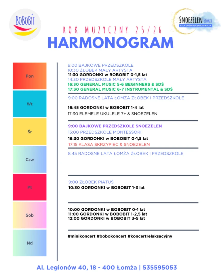 Harmonogram i plan zajęć Bobobit dla dzieci - Łomża - Bobobit na rok 2025/2026