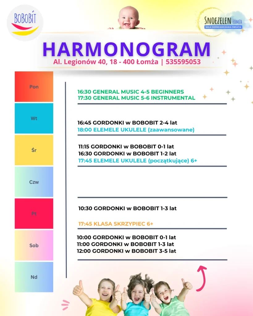 Harmonogram zajęć BOBOBIT Łomża 2026/2027 – gordonki, General Music, ukulele, skrzypce